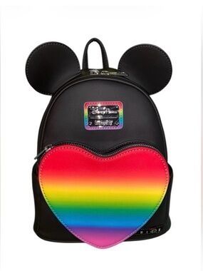 Loungefly Pride Black Mini Backpack with Rainbow Heart Pocket and Mouse Ears